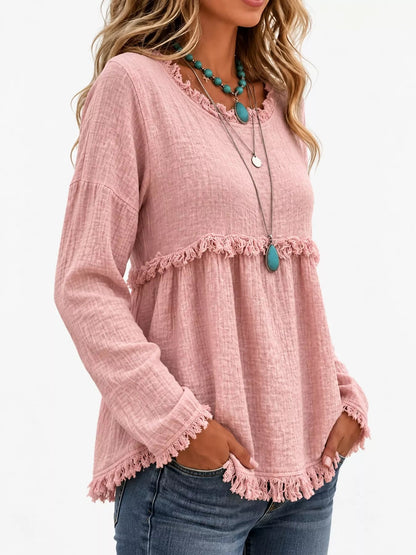Full Size Frayed Hem Textured Blouse Plus Size - Bitsy Gypsy Boutique