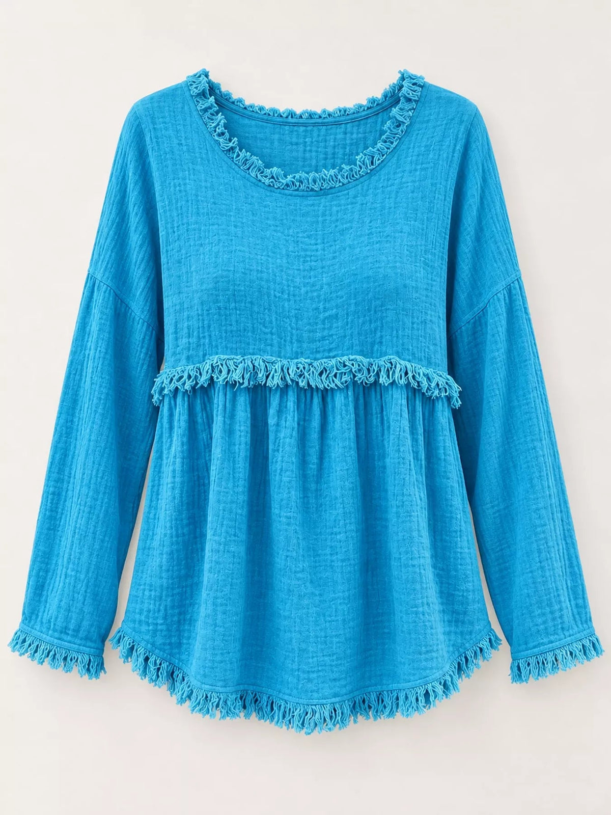 Full Size Frayed Hem Textured Blouse Plus Size - Bitsy Gypsy Boutique