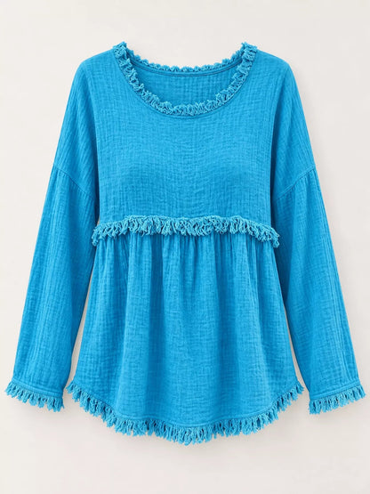 Full Size Frayed Hem Textured Blouse Plus Size - Bitsy Gypsy Boutique