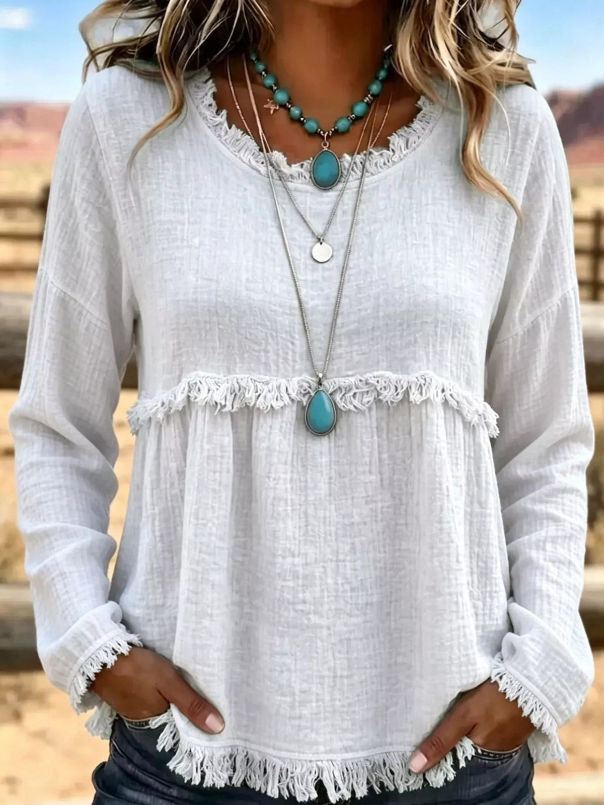 Full Size Frayed Hem Textured Blouse Plus Size - Bitsy Gypsy Boutique