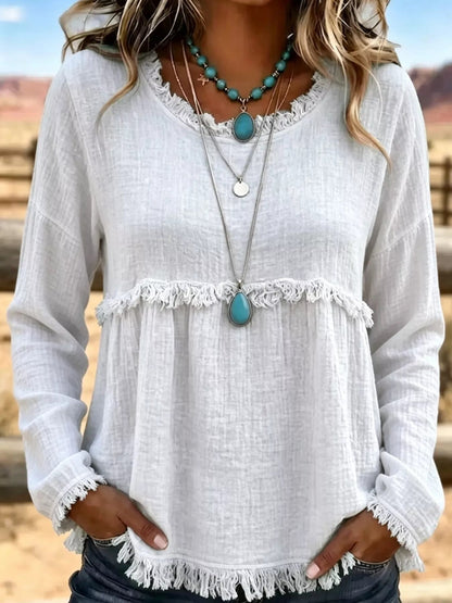 Full Size Frayed Hem Textured Blouse Plus Size - Bitsy Gypsy Boutique