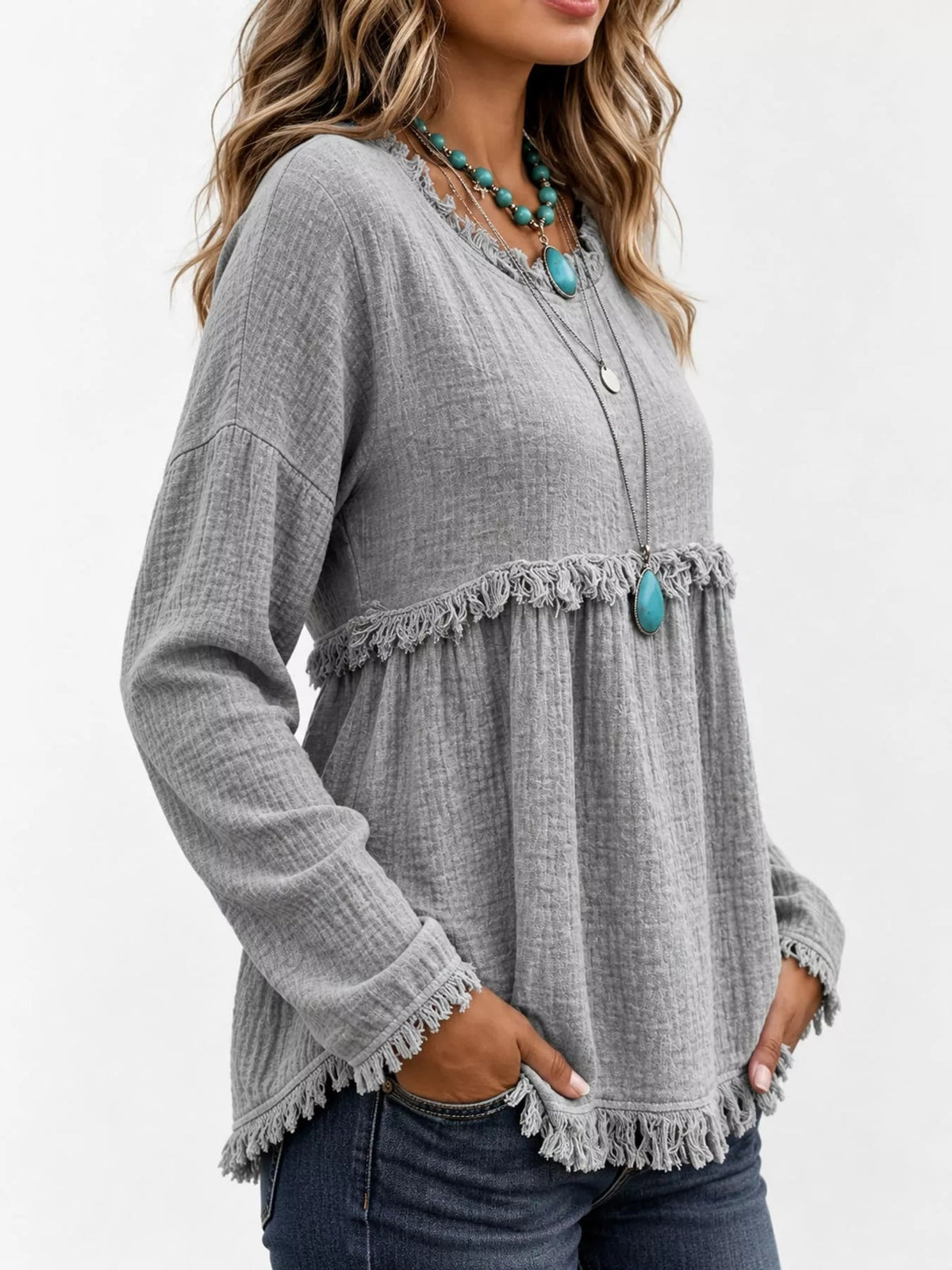 Full Size Frayed Hem Textured Blouse Plus Size - Bitsy Gypsy Boutique