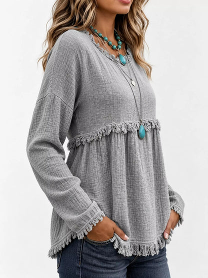 Full Size Frayed Hem Textured Blouse Plus Size - Bitsy Gypsy Boutique