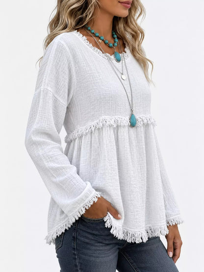 Full Size Frayed Hem Textured Blouse Plus Size - Bitsy Gypsy Boutique