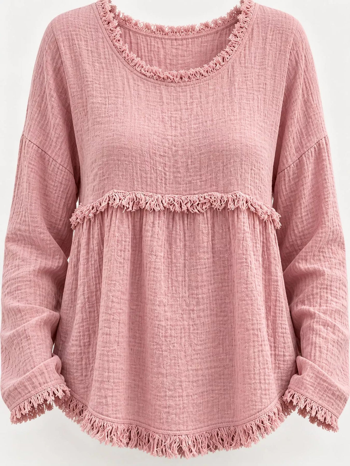 Full Size Frayed Hem Textured Blouse Plus Size - Bitsy Gypsy Boutique