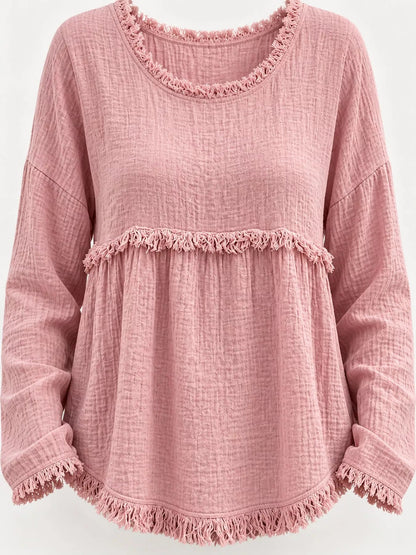Full Size Frayed Hem Textured Blouse Plus Size - Bitsy Gypsy Boutique