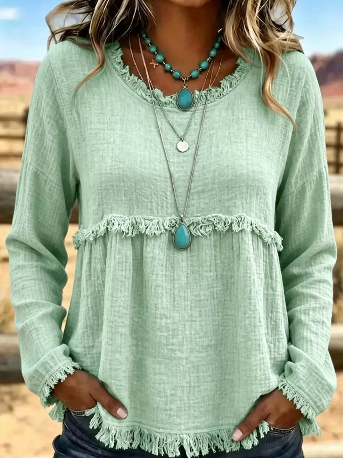 Full Size Frayed Hem Textured Blouse Plus Size - Bitsy Gypsy Boutique