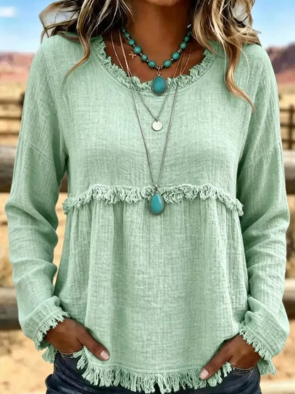 Full Size Frayed Hem Textured Blouse Plus Size - Bitsy Gypsy Boutique