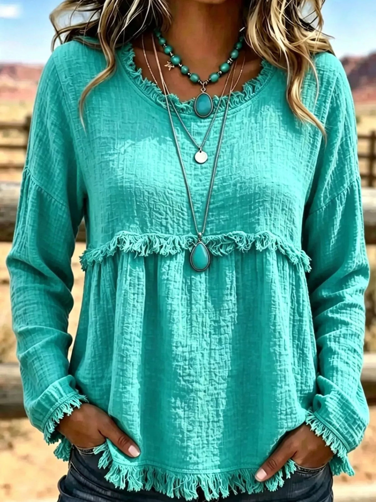 Full Size Frayed Hem Textured Blouse Plus Size - Bitsy Gypsy Boutique