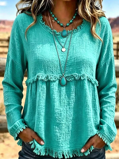 Full Size Frayed Hem Textured Blouse Plus Size - Bitsy Gypsy Boutique