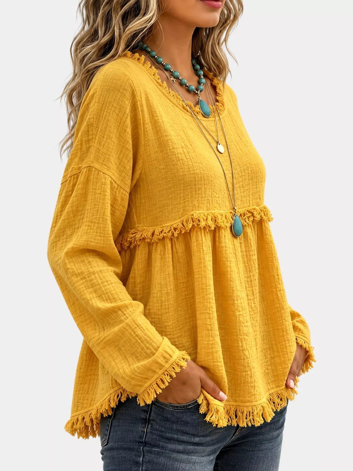 Full Size Frayed Hem Textured Blouse Plus Size - Bitsy Gypsy Boutique