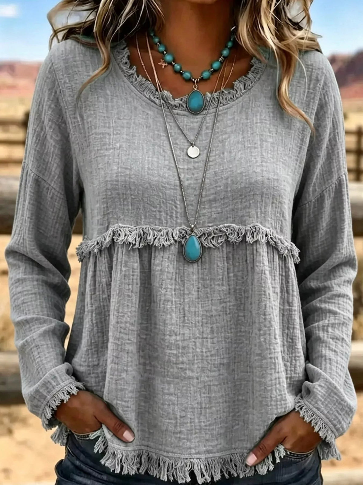 Full Size Frayed Hem Textured Blouse Plus Size - Bitsy Gypsy Boutique