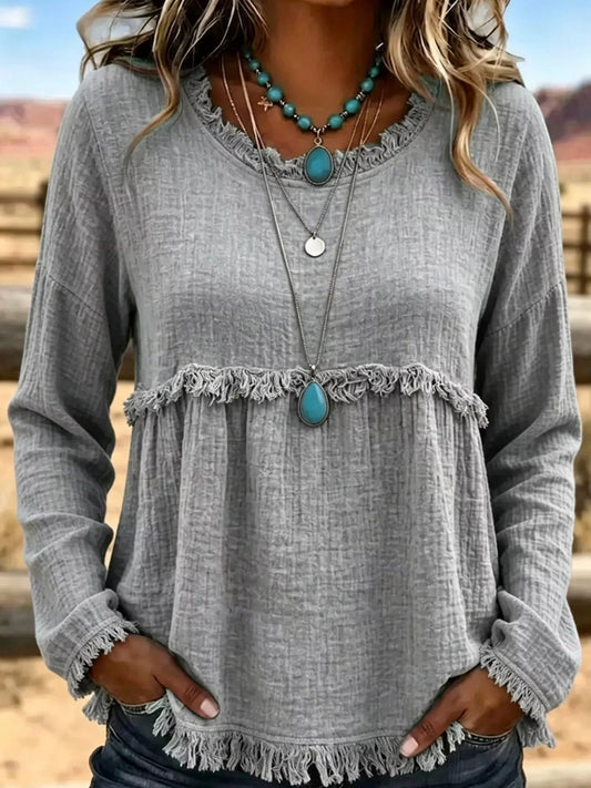 Full Size Frayed Hem Textured Blouse Plus Size - Bitsy Gypsy Boutique