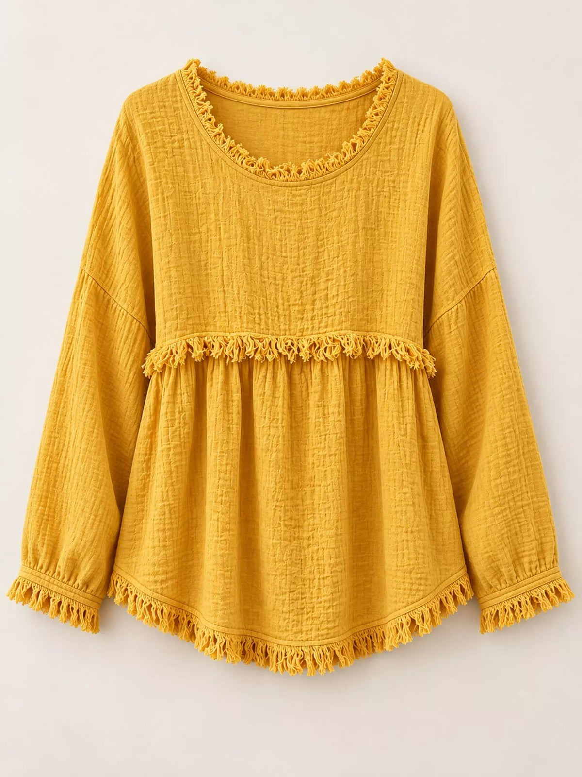 Full Size Frayed Hem Textured Blouse Plus Size - Bitsy Gypsy Boutique