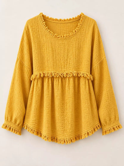 Full Size Frayed Hem Textured Blouse Plus Size - Bitsy Gypsy Boutique