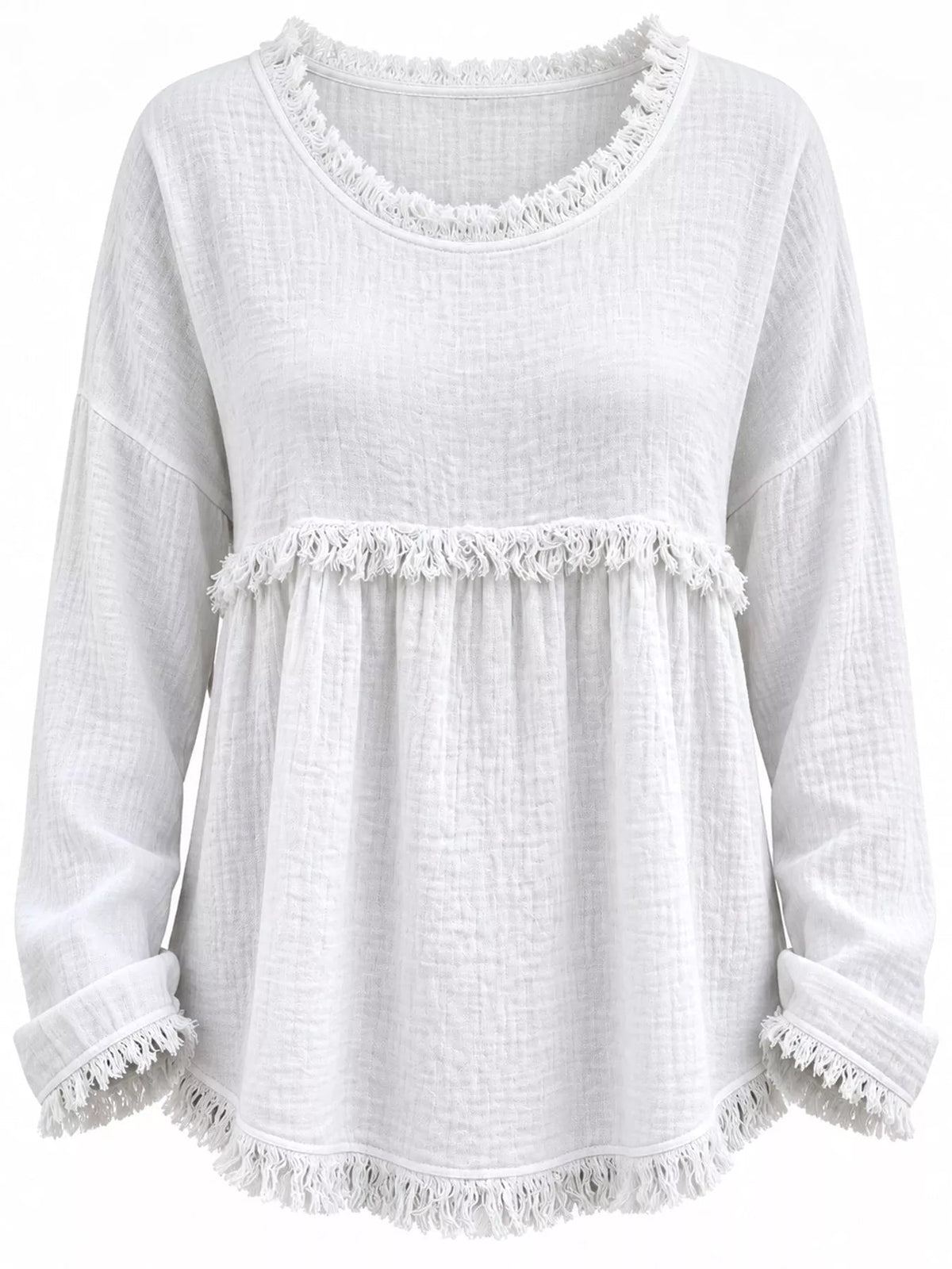 Full Size Frayed Hem Textured Blouse Plus Size - Bitsy Gypsy Boutique