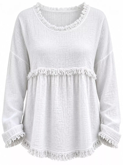 Full Size Frayed Hem Textured Blouse Plus Size - Bitsy Gypsy Boutique