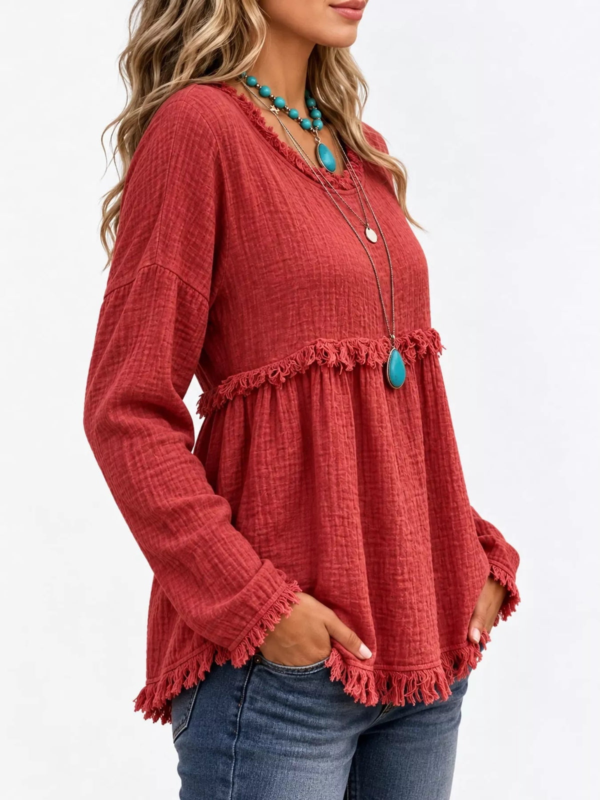 Full Size Frayed Hem Textured Blouse Plus Size - Bitsy Gypsy Boutique