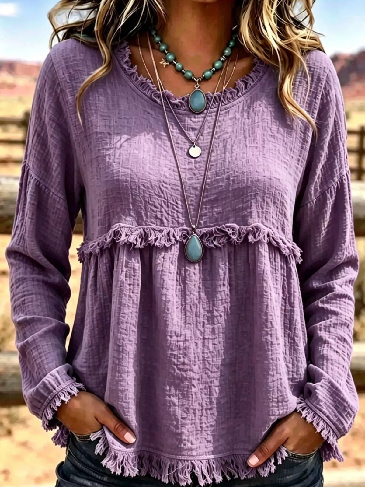 Full Size Frayed Hem Textured Blouse Plus Size - Bitsy Gypsy Boutique