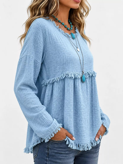 Full Size Frayed Hem Textured Blouse Plus Size - Bitsy Gypsy Boutique
