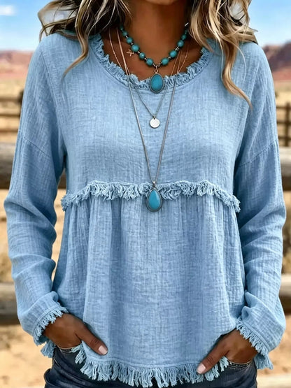 Full Size Frayed Hem Textured Blouse Plus Size - Bitsy Gypsy Boutique