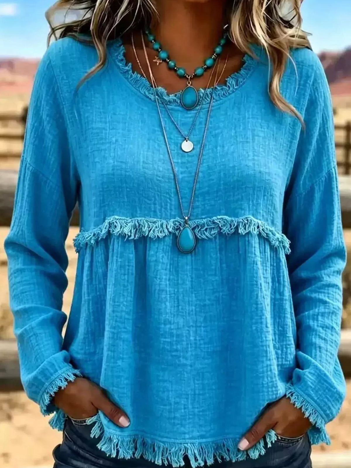 Full Size Frayed Hem Textured Blouse Plus Size - Bitsy Gypsy Boutique