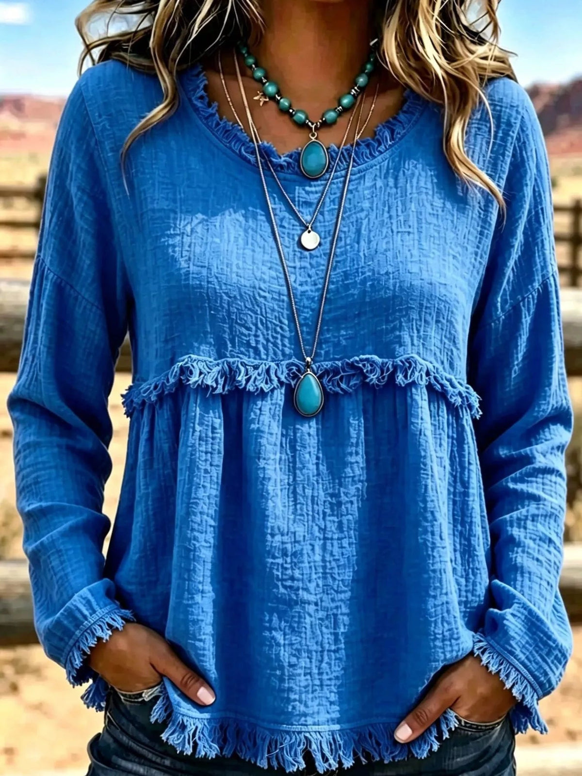 Full Size Frayed Hem Textured Blouse Plus Size - Bitsy Gypsy Boutique