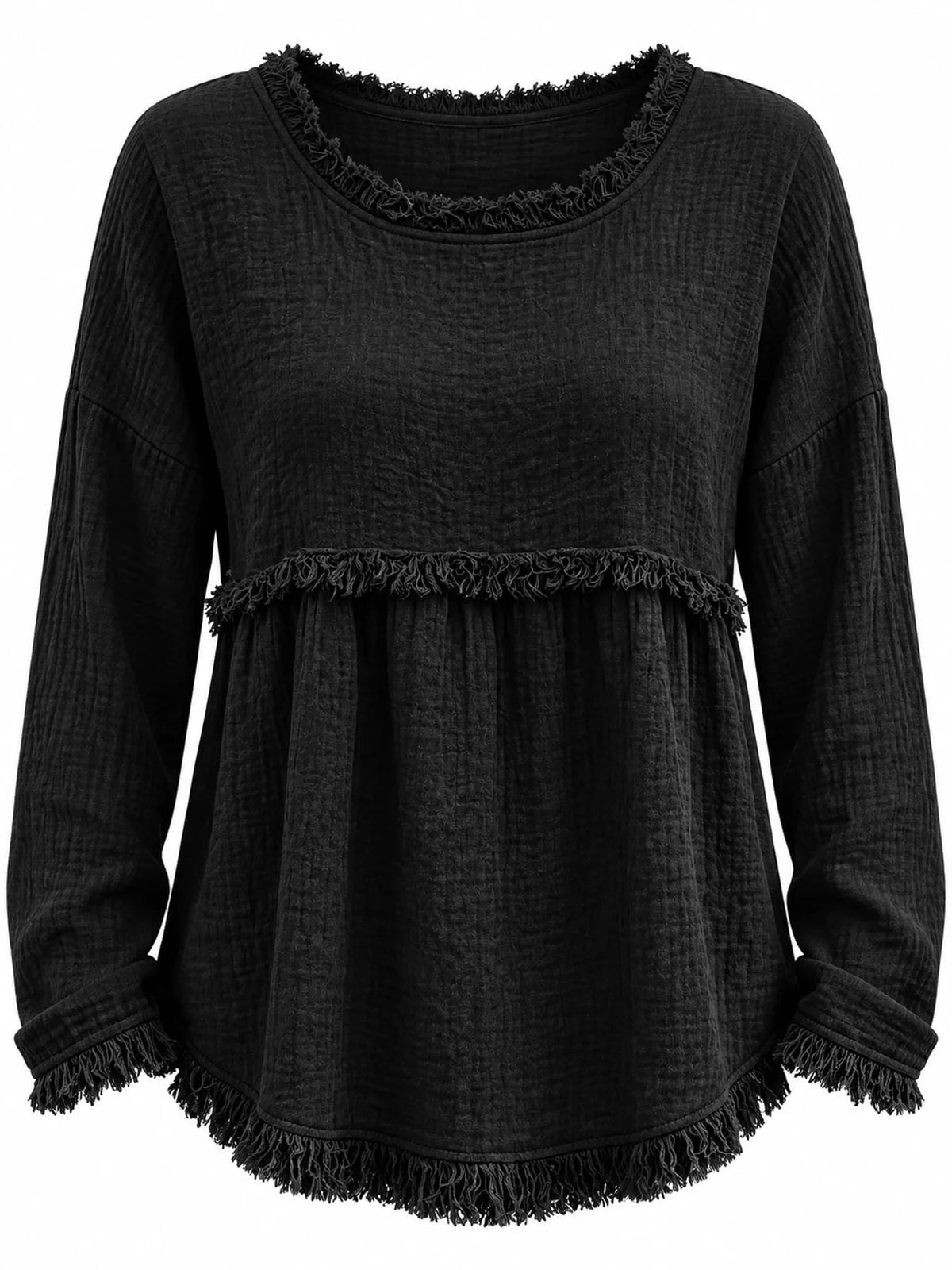 Full Size Frayed Hem Textured Blouse Plus Size - Bitsy Gypsy Boutique