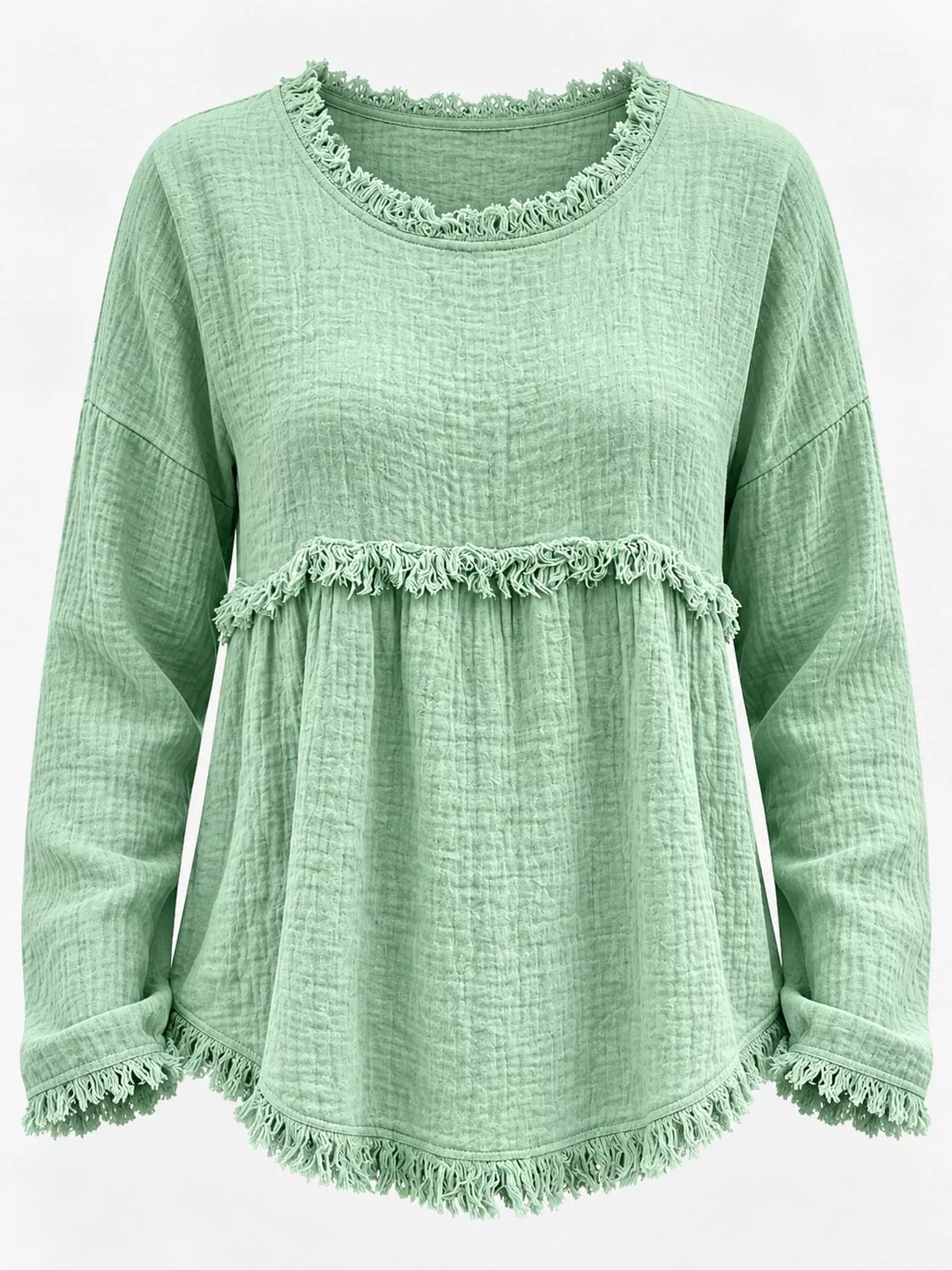 Full Size Frayed Hem Textured Blouse Plus Size - Bitsy Gypsy Boutique