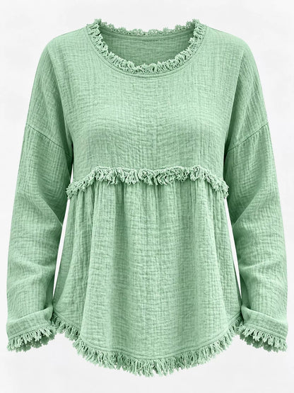 Full Size Frayed Hem Textured Blouse Plus Size - Bitsy Gypsy Boutique