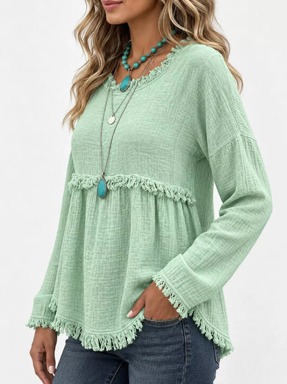Full Size Frayed Hem Textured Blouse Plus Size - Bitsy Gypsy Boutique