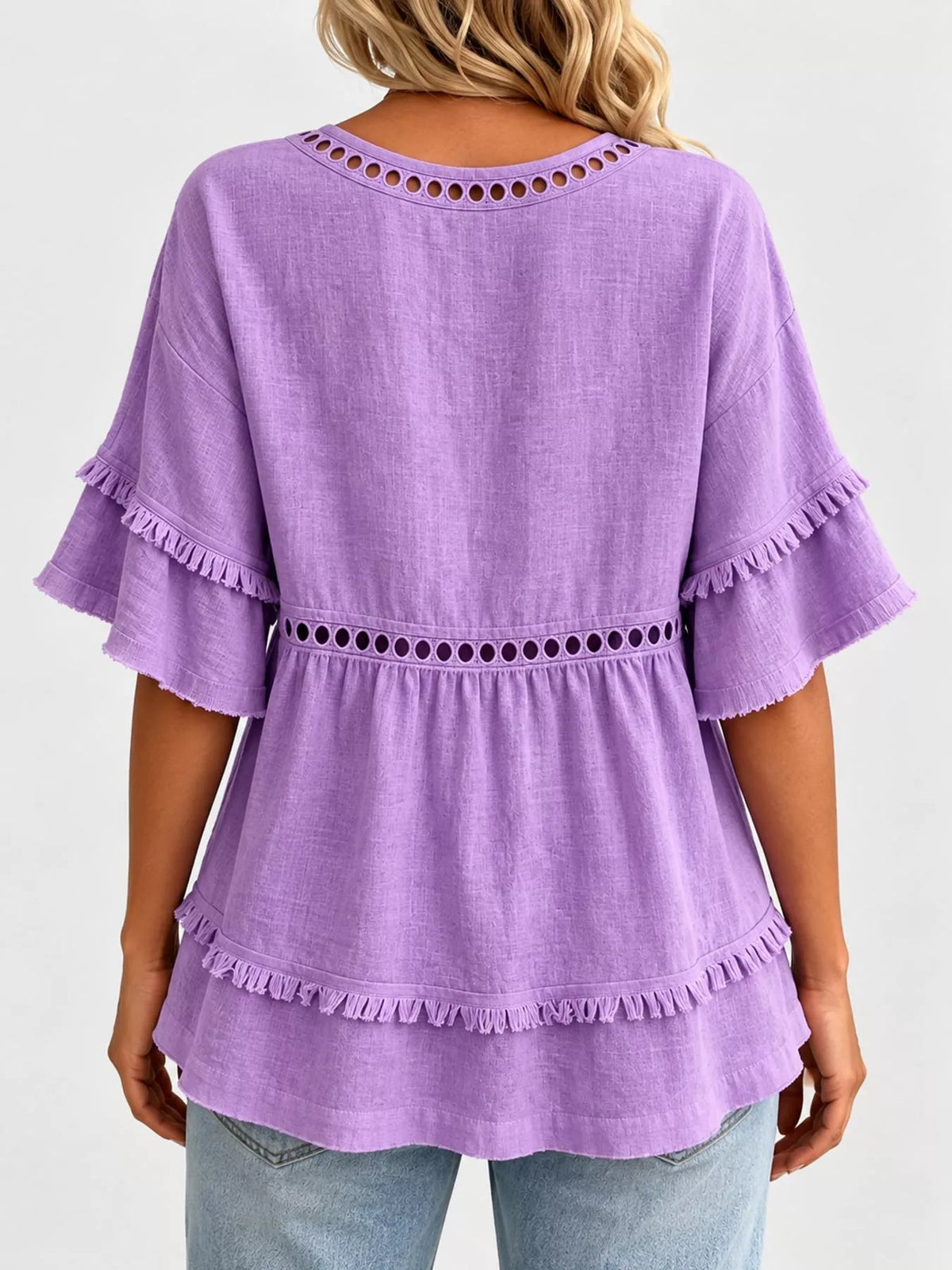 Full Size Frayed Hem V-Neck Blouse Plus Size - Bitsy Gypsy Boutique