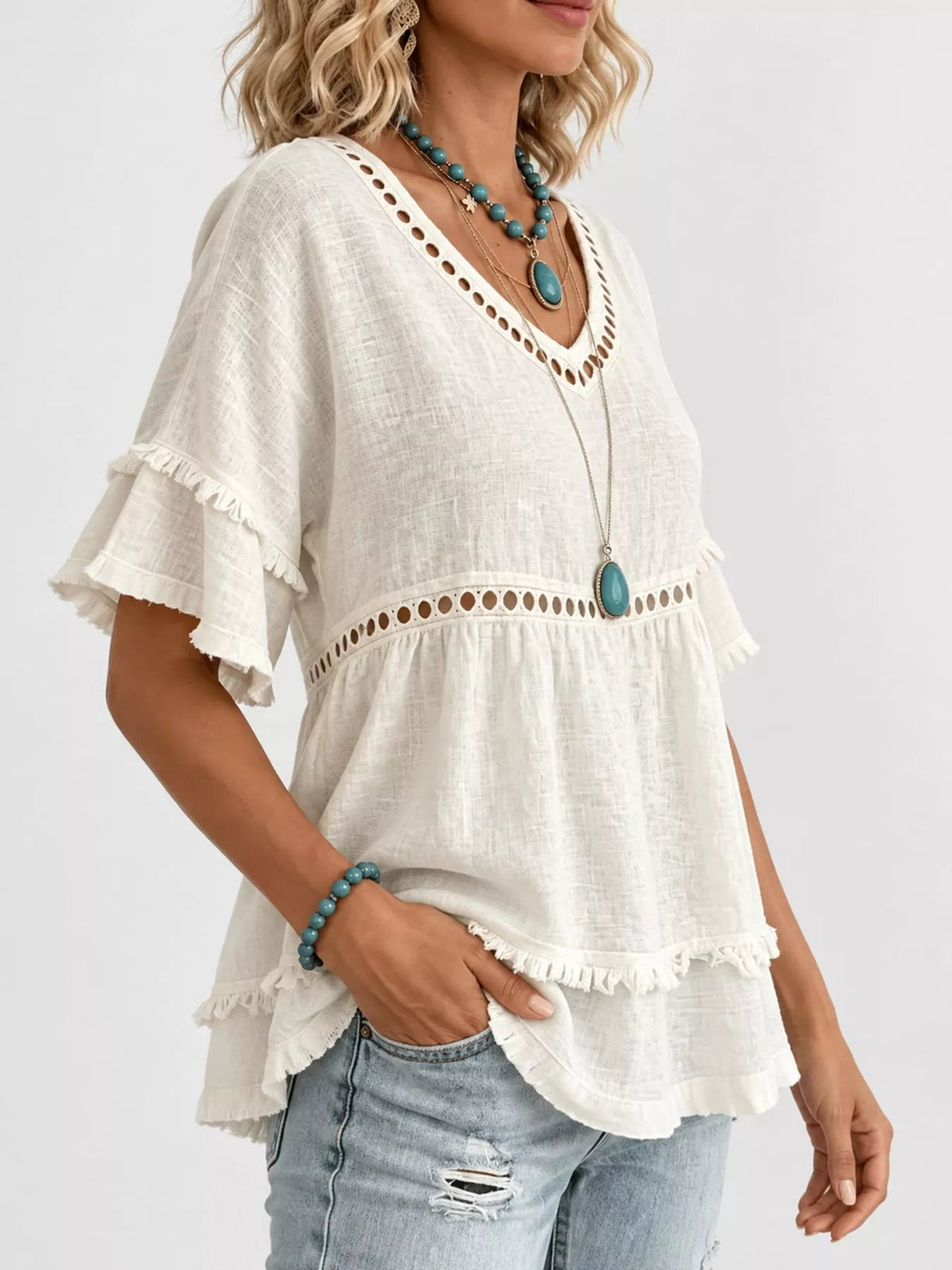 Full Size Frayed Hem V-Neck Blouse Plus Size - Bitsy Gypsy Boutique