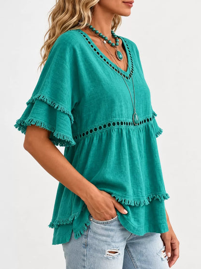 Full Size Frayed Hem V-Neck Blouse Plus Size - Bitsy Gypsy Boutique