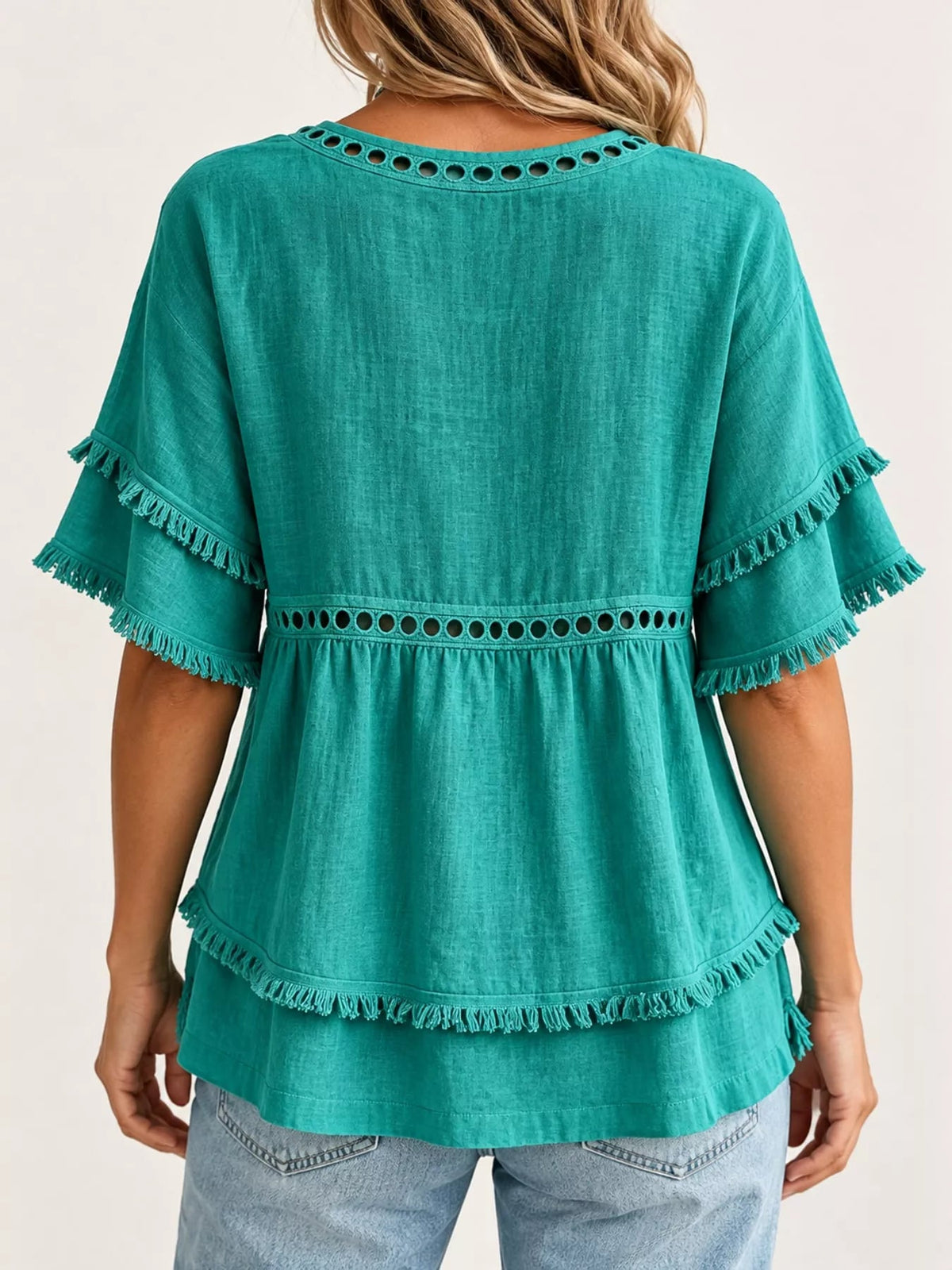 Full Size Frayed Hem V-Neck Blouse Plus Size - Bitsy Gypsy Boutique