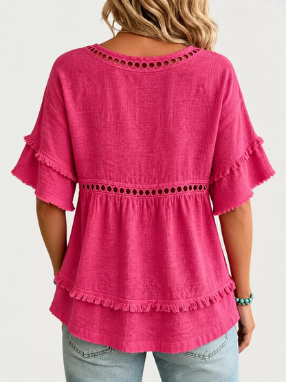 Full Size Frayed Hem V-Neck Blouse Plus Size - Bitsy Gypsy Boutique