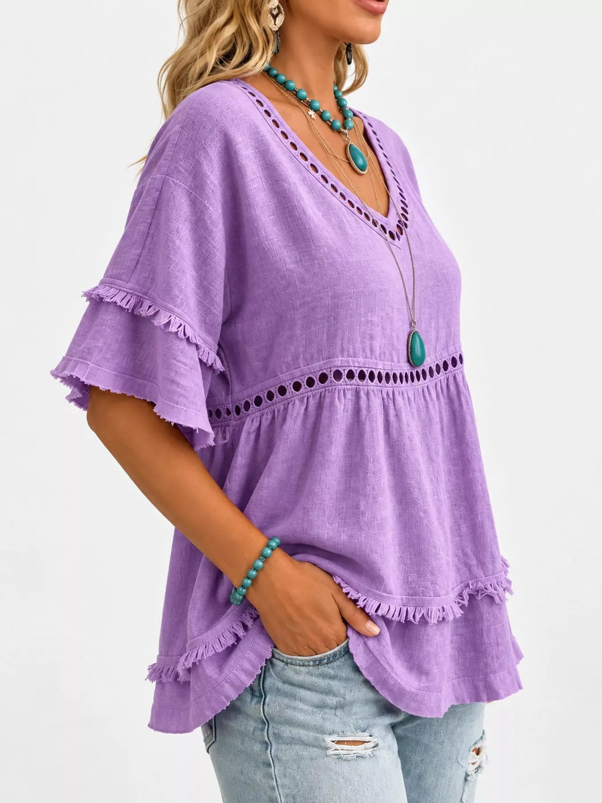 Full Size Frayed Hem V-Neck Blouse Plus Size - Bitsy Gypsy Boutique