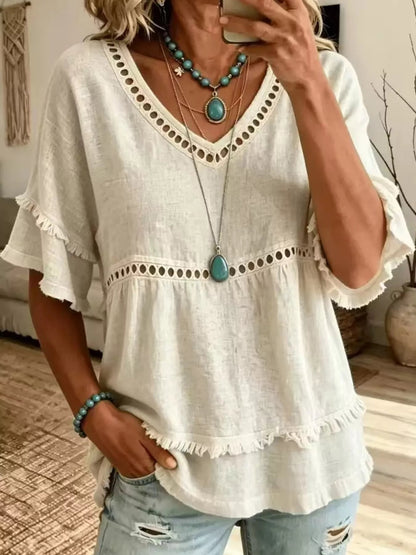 Full Size Frayed Hem V-Neck Blouse Plus Size - Bitsy Gypsy Boutique