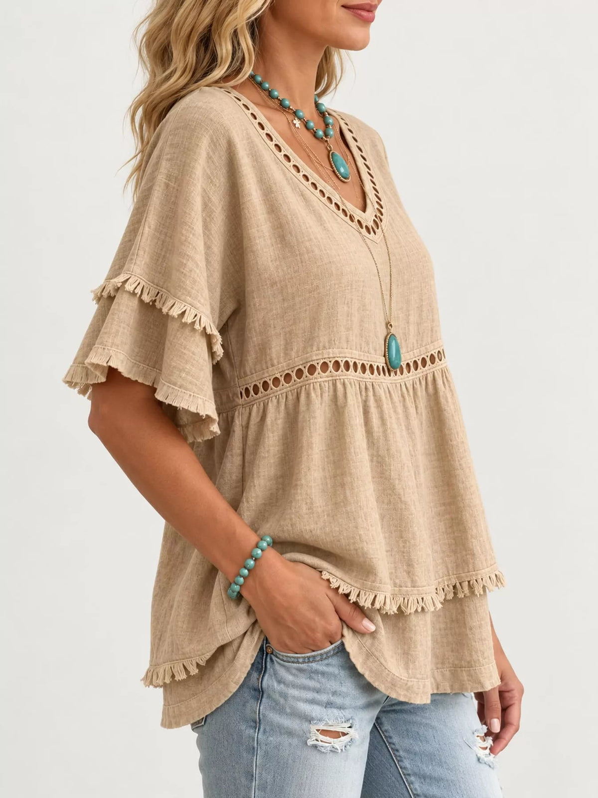 Full Size Frayed Hem V-Neck Blouse Plus Size - Bitsy Gypsy Boutique