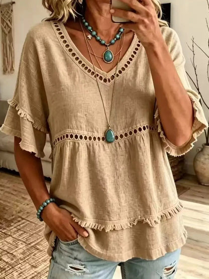Full Size Frayed Hem V-Neck Blouse Plus Size - Bitsy Gypsy Boutique