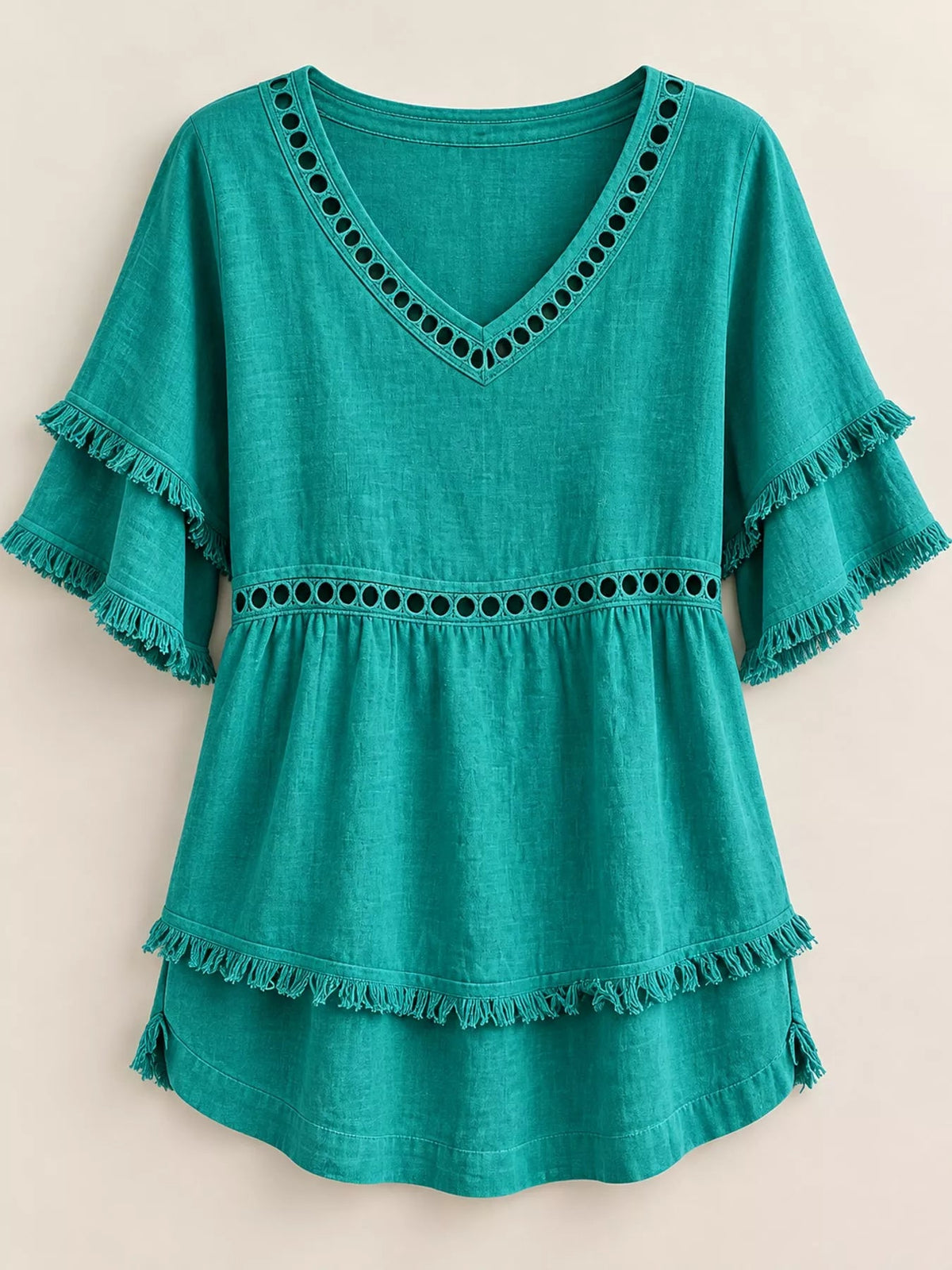 Full Size Frayed Hem V-Neck Blouse Plus Size - Bitsy Gypsy Boutique