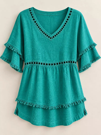 Full Size Frayed Hem V-Neck Blouse Plus Size - Bitsy Gypsy Boutique