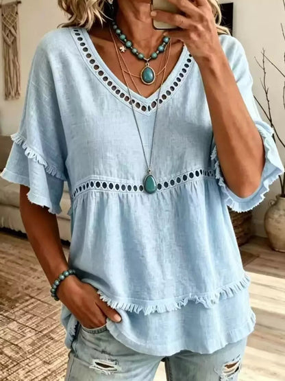 Full Size Frayed Hem V-Neck Blouse Plus Size - Bitsy Gypsy Boutique