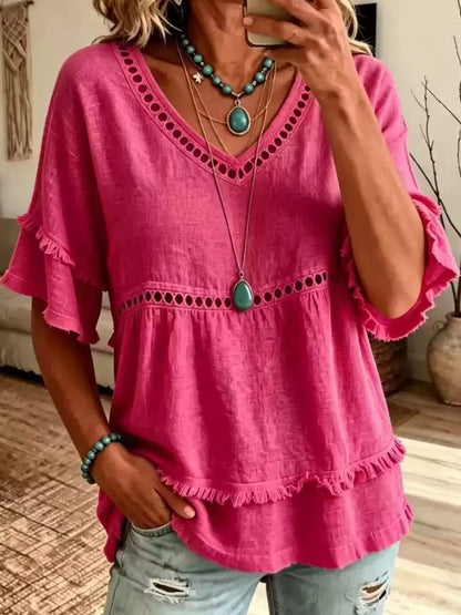 Full Size Frayed Hem V-Neck Blouse Plus Size - Bitsy Gypsy Boutique