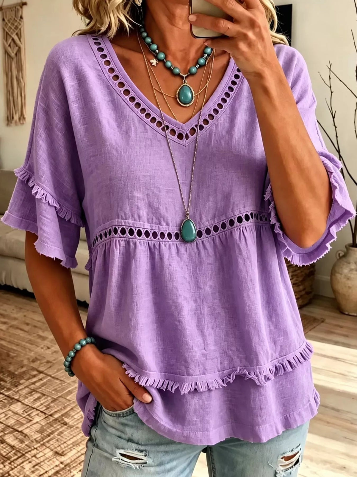 Full Size Frayed Hem V-Neck Blouse Plus Size - Bitsy Gypsy Boutique