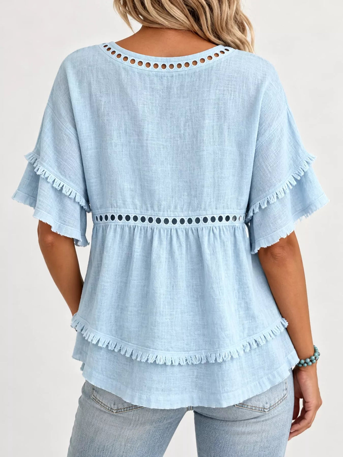 Full Size Frayed Hem V-Neck Blouse Plus Size - Bitsy Gypsy Boutique