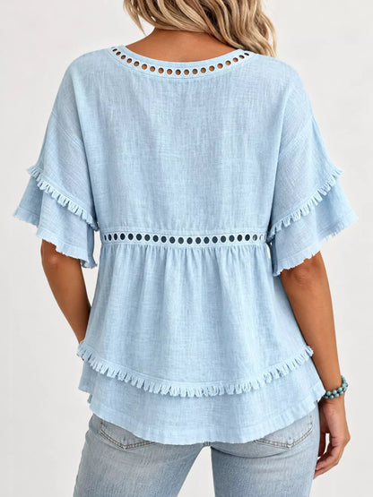 Full Size Frayed Hem V-Neck Blouse Plus Size - Bitsy Gypsy Boutique