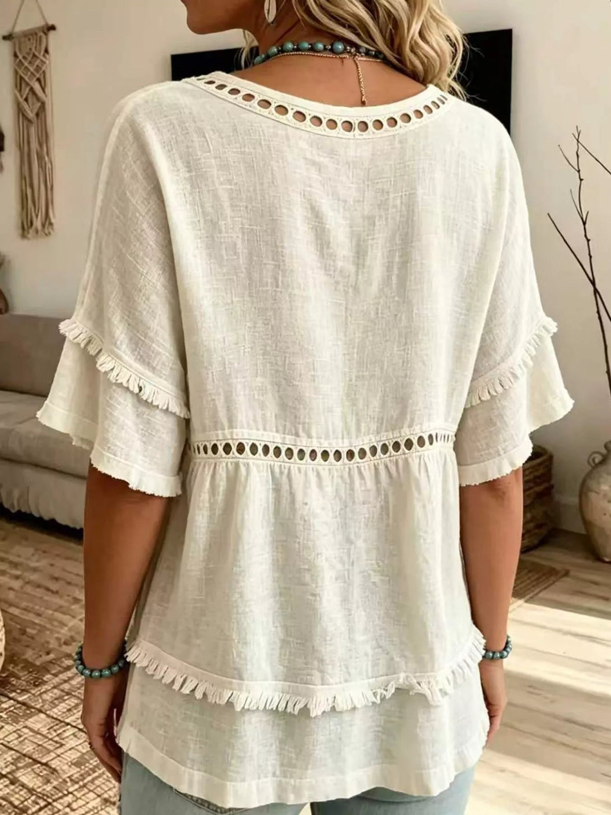 Full Size Frayed Hem V-Neck Blouse Plus Size - Bitsy Gypsy Boutique