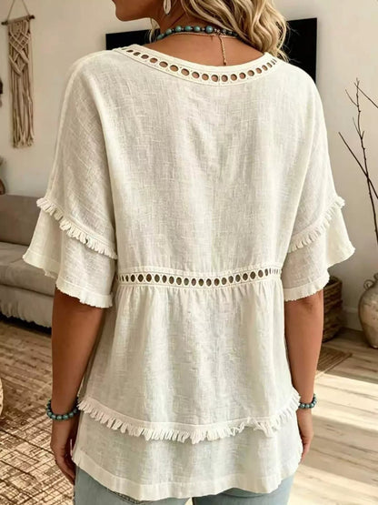 Full Size Frayed Hem V-Neck Blouse Plus Size - Bitsy Gypsy Boutique