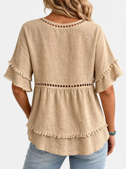 Full Size Frayed Hem V-Neck Blouse Plus Size - Bitsy Gypsy Boutique